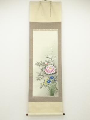 友月筆　草花図　肉筆絹本掛軸（箱付）